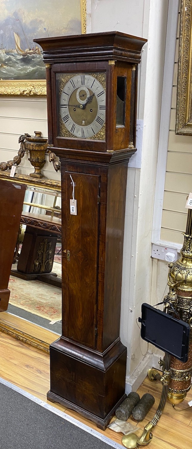 A late 18th century walnut 8 day longcase clock, pendulum incomplete, height 182cm